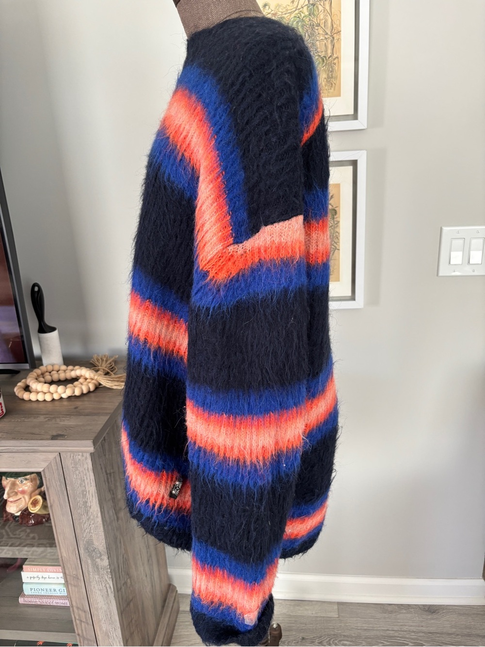 Kenzo Fuzzy Black Sweater with Blue & Orange Stripes XL - Picture 5 of 7